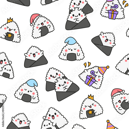 Cute kawaii onigiri. Seamless pattern. Funny sushi cartoon character. Asian rice and nori food. Hand drawn style. Vector drawing. Design ornaments.
