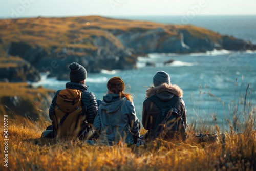 Family Relaxing on a Coastal Hilltop