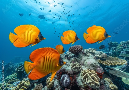 A group of yellow honeycomb butterfly fish swimming around coral reefs in the Red Sea
