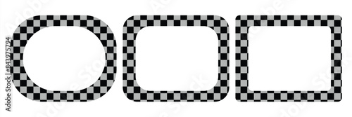 Rectangle frame with checkered print on borders. Rectangular vignette with checkerboard, race flag or chess game pattern isolated on white background.