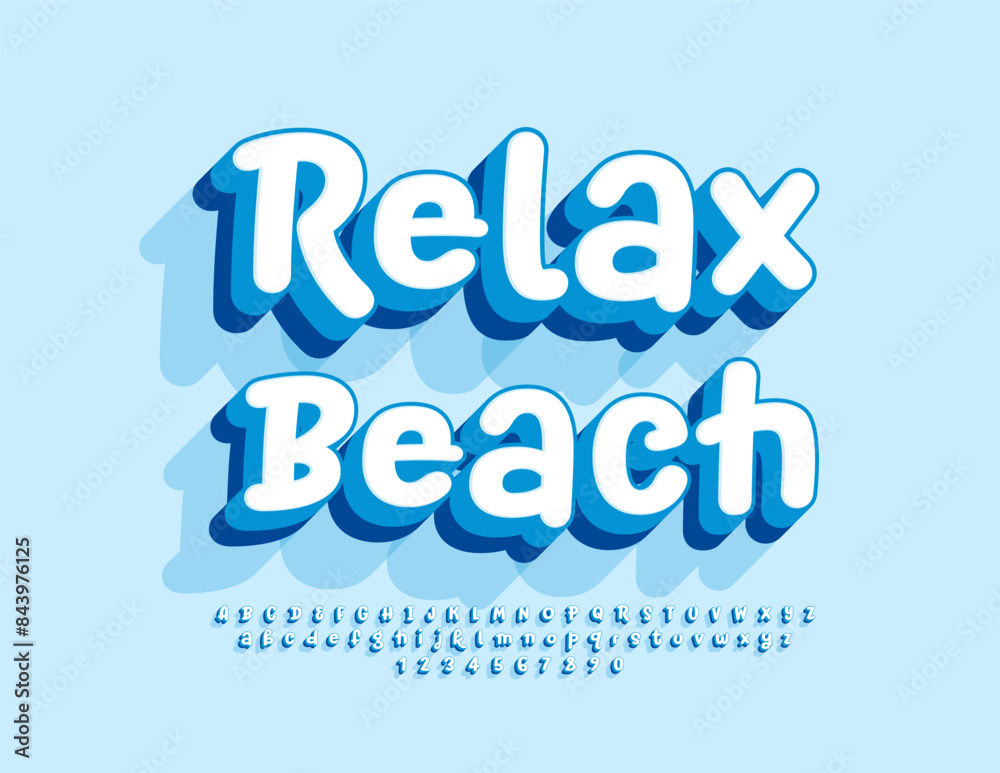 Vector playful flyer Relax Beach. Artistic handwritten 3D Font. Bright Playful Alphabet Letters and Numbers set. Vector playful flyer Relax Beach. Artistic handwritten 3D Font. Bright Playful Alphabet Letters and Numbers set.