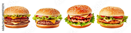 Hamburgers with various fillings on a transparent background.