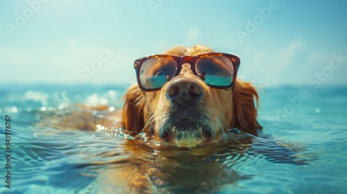 Dog in sunglasses swimming in the sea. Summer relaxation. The concept of summer tourism
