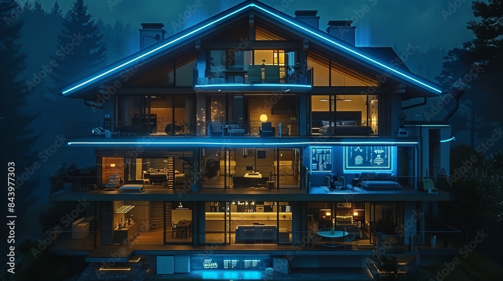 Fototapeta premium A multi-story, modern mountaintop home illuminated by blue lights at night