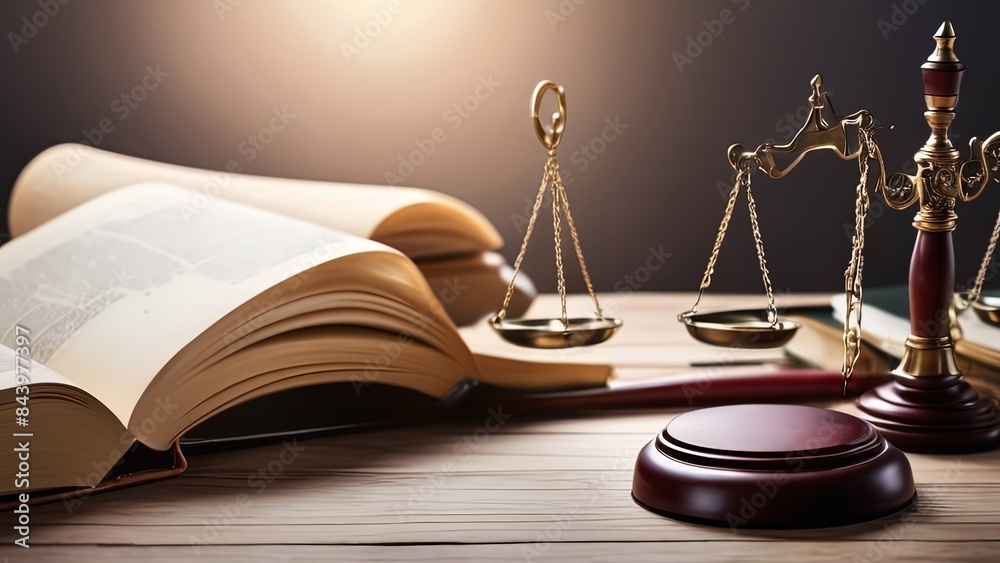 Law theme, mallet of judge, wooden desk and books in courtroom. Bookshelf in background, Generative AI Law theme, mallet of judge, wooden desk and books in courtroom. Bookshelf in background, Generative AI