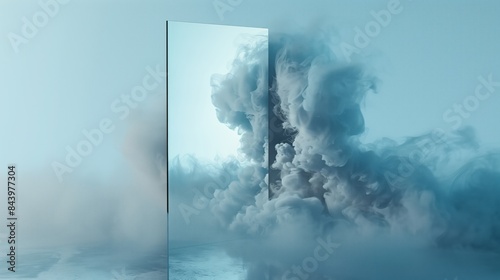 Thick smoke reflected in a smooth mirror surface on a light blue background.