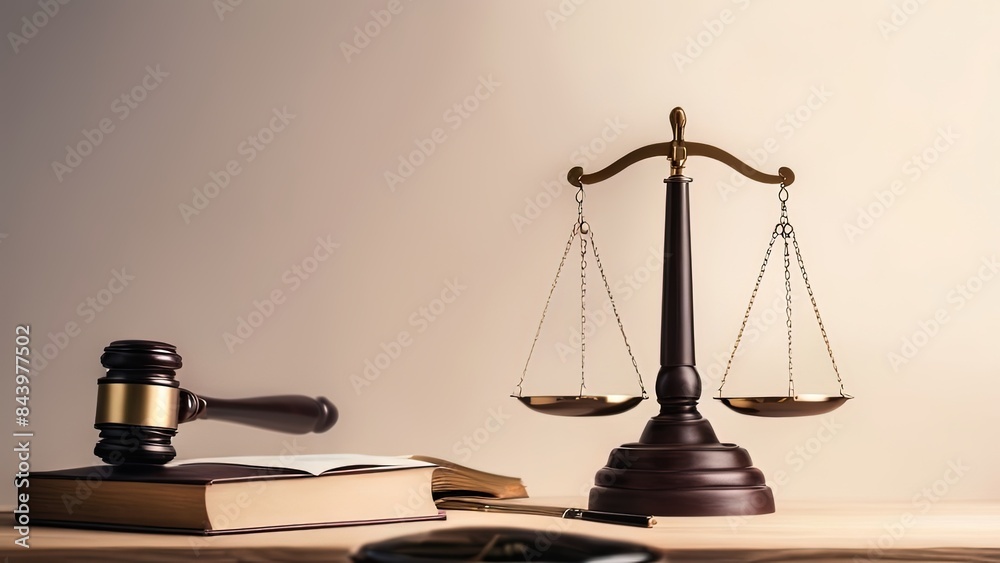 Law theme, mallet of judge, wooden desk and books in courtroom. Bookshelf in background, Generative AI Law theme, mallet of judge, wooden desk and books in courtroom. Bookshelf in background, Generative AI