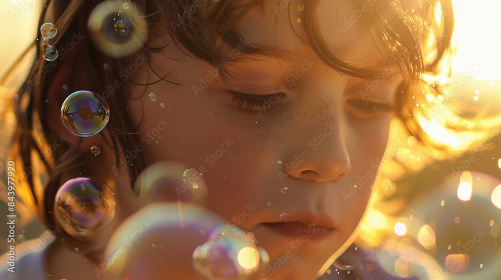 Close-up of a child's face lit up with wonder as they blow bubbles Close-up of a child's face lit up with wonder as they blow bubbles