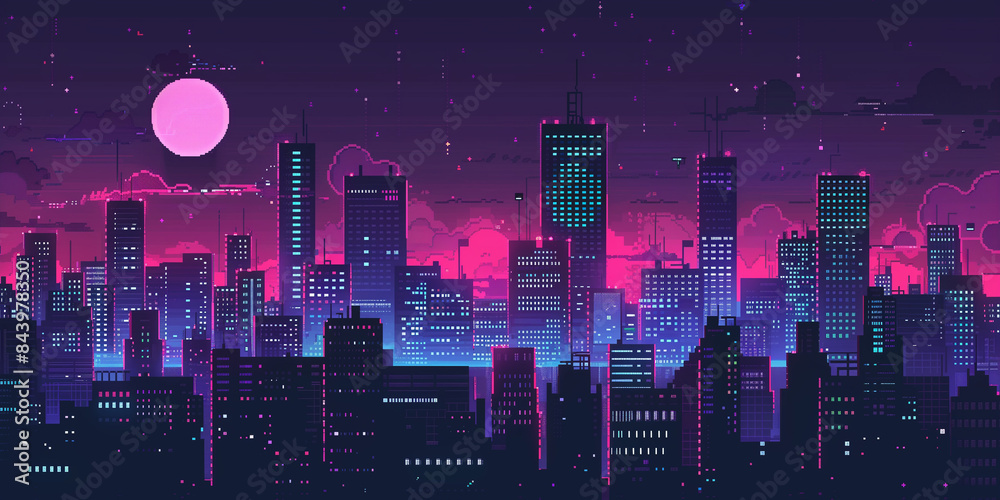 Pixel art retro wave. panorama of big city. wide banner. Space for text. neon cyberpunk digital 8 16 32 64 bit painting. poster, flyer, banner, email, header, social media post. Generative Ai content Pixel art retro wave. panorama of big city. wide banner. Space for text. neon cyberpunk digital 8 16 32 64 bit painting. poster, flyer, banner, email, header, social media post. Generative Ai content