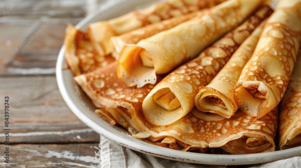 Crepes filled rolls on a white dish with space for text Crepes filled rolls on a white dish with space for text