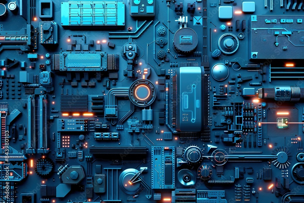 Hi-tech computer digital hi tech, mechanical technology concept. modern conceptual hi tech, mechanical technology communication elegant design. Wide Blue background with various technological elements Hi-tech computer digital hi tech, mechanical technology concept. modern conceptual hi tech, mechanical technology communication elegant design. Wide Blue background with various technological elements