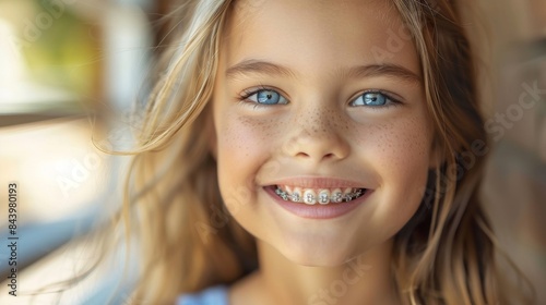 A closeup image of a young girl smiling at the camera, her dental braces visible