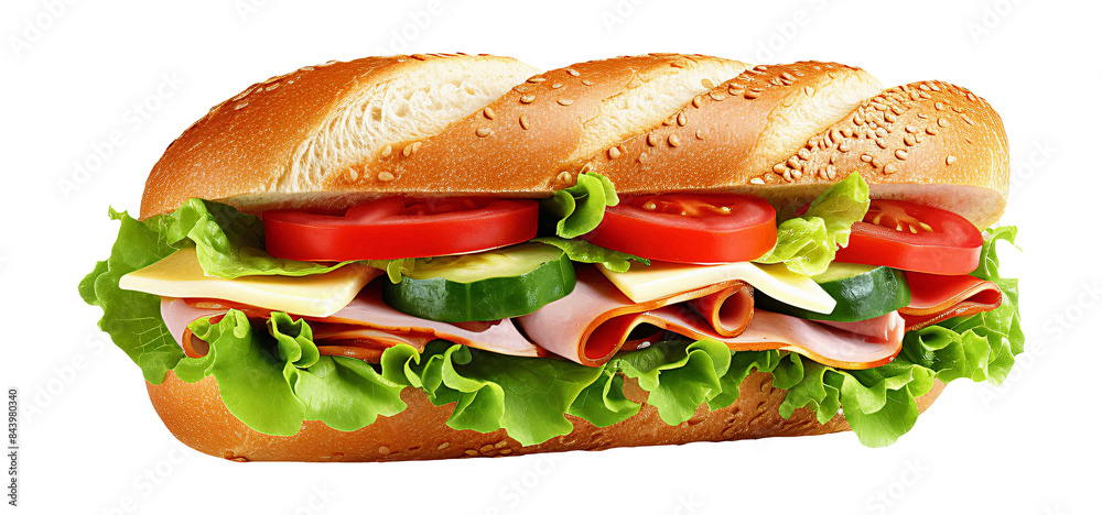 Sandwich filled with ham, cheese, lettuce, tomato, and cucumber. Sandwich filled with ham, cheese, lettuce, tomato, and cucumber.
