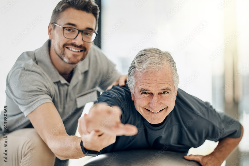 Portrait, physiotherapy and old man with gym ball, stretching or medical care in senior rehabilitation. Physio, therapist and elderly patient for mobility training, exercise or help in retirement Portrait, physiotherapy and old man with gym ball, stretching or medical care in senior rehabilitation. Physio, therapist and elderly patient for mobility training, exercise or help in retirement