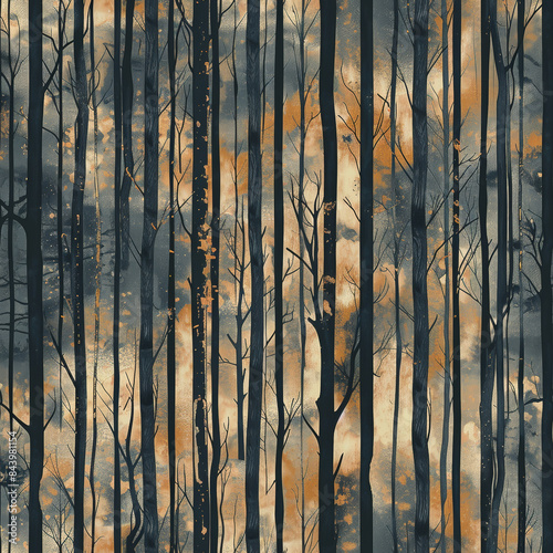 Seamless A painting of trees with a blue background and orange and brown colors