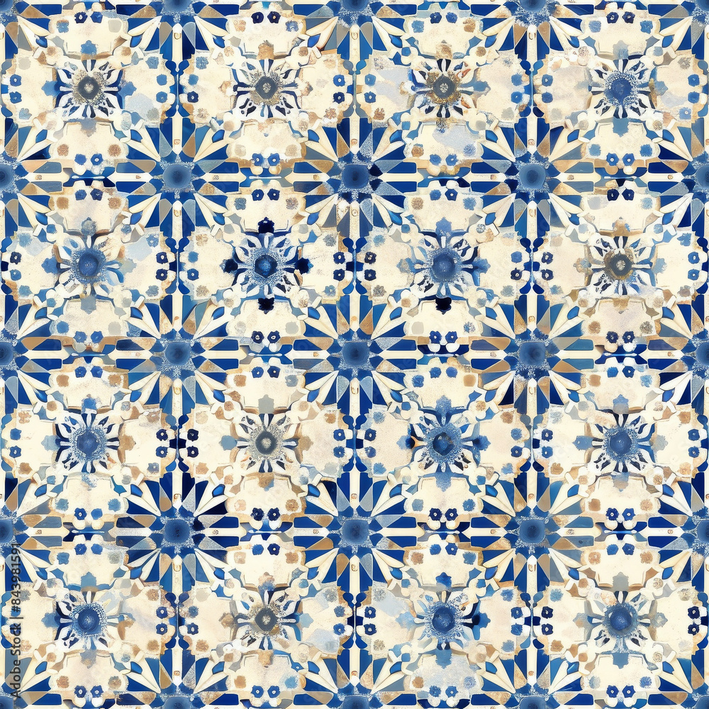 Seamless A blue and white tile pattern with a blue flower in the center Seamless A blue and white tile pattern with a blue flower in the center
