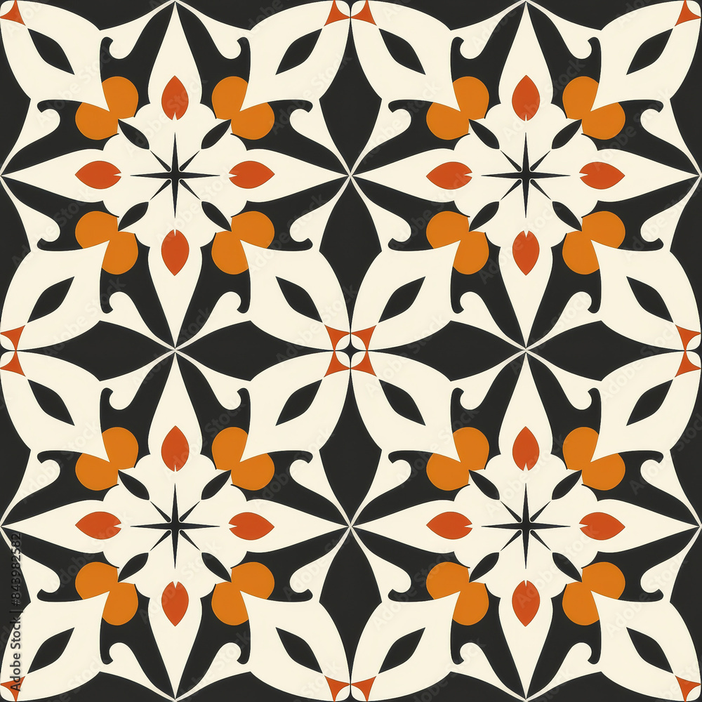 Seamless A black and white patterned tile floor with a white and orange flower design Seamless A black and white patterned tile floor with a white and orange flower design