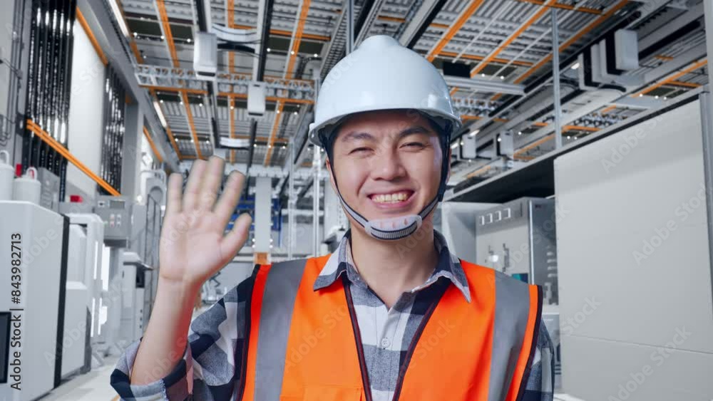 Close Up Of Asian Male Engineer With Safety Helmet Smiling To Camera And Waving Hand Saying Bye While Standing At Factory Digitalization Close Up Of Asian Male Engineer With Safety Helmet Smiling To Camera And Waving Hand Saying Bye While Standing At Factory Digitalization