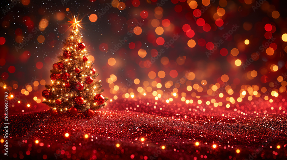 A Christmas tree and red Christmas balls with winter glowing blurred the background A Christmas tree and red Christmas balls with winter glowing blurred the background