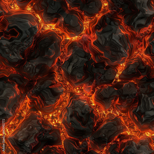 Seamless The image is a close up of a black lava rock with red glowing embers