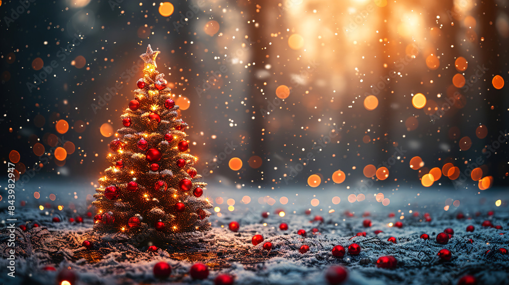 Naklejka premium A Christmas tree and red Christmas balls with winter glowing blurred the background