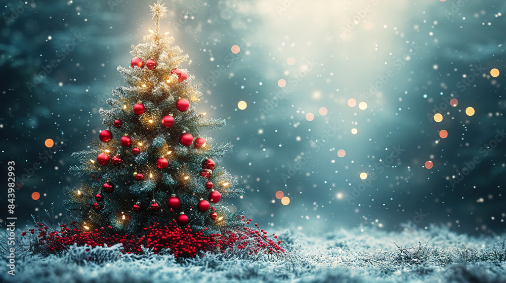 A Christmas tree and red Christmas balls with winter glowing blurred the background A Christmas tree and red Christmas balls with winter glowing blurred the background