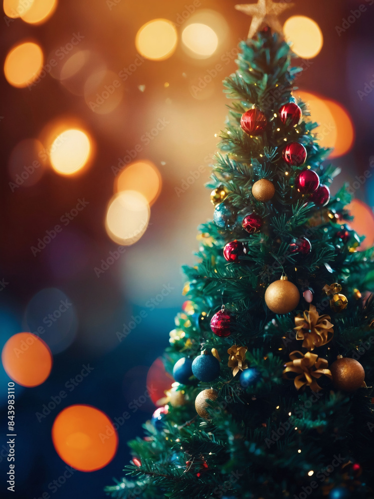 Festive header background with an abstract Christmas tree design and vibrant bokeh effect, ideal for adding a touch of holiday cheer.