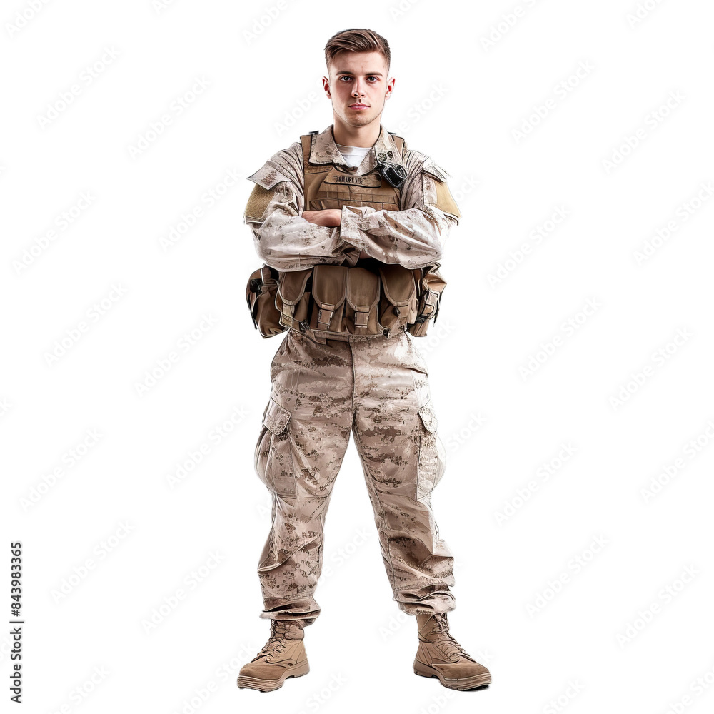 Determined young soldier stands arms crossed in military uniform on a transparent background Determined young soldier stands arms crossed in military uniform on a transparent background
