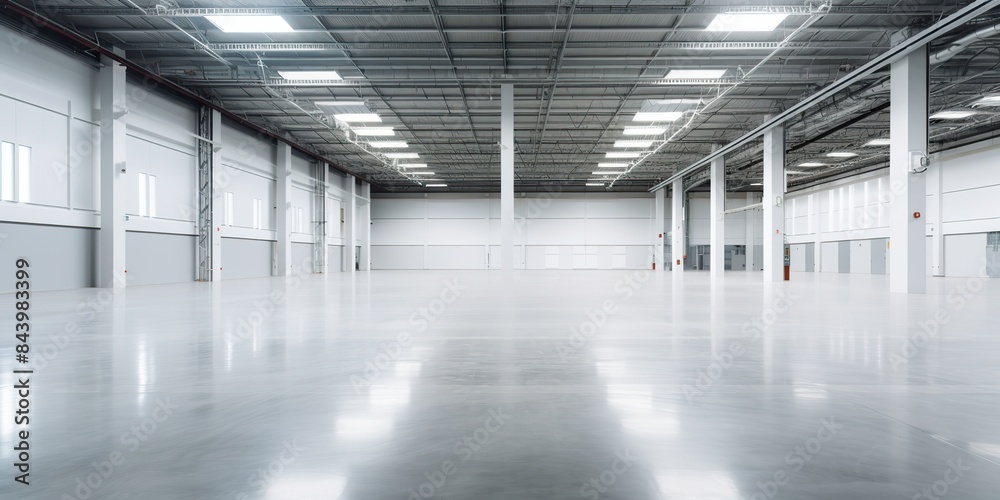 Modern factory for manufacturing production plant or large warehouse background with many light. Empty urban storage view Modern factory for manufacturing production plant or large warehouse background with many light. Empty urban storage view