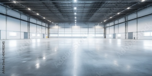 Modern factory for manufacturing production plant or large warehouse background with many light. Empty urban storage view