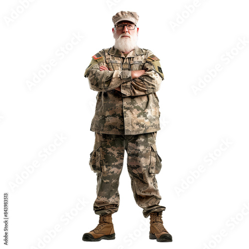 Confident elderly soldier in full military uniform posing with crossed arms, isolated on a clear background