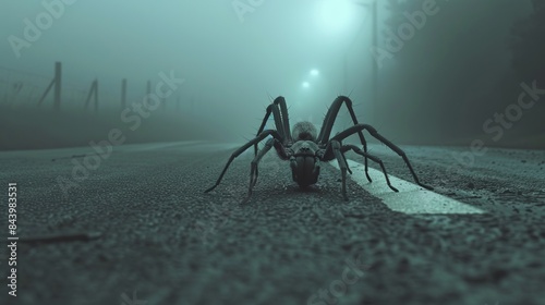 A spider looms on a foggy road