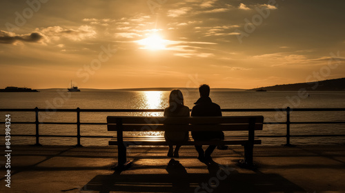 A couple is sitting on a bench overlooking the ocean. The sun is setting, casting a warm glow over the scene. The couple appears to be enjoying each other's company and the beautiful view