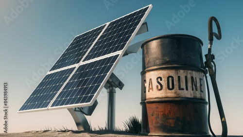  renewable and non-renewable energy sources a sleek, modern solar panel next to an industrial gasoline barrel symbolize the ongoing shift from fossil fuels to renewable energy sources