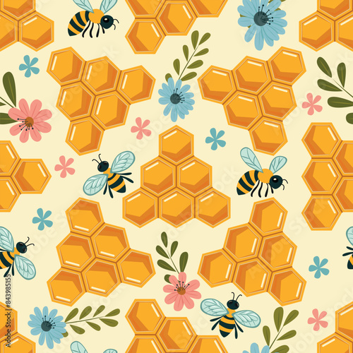 Seamless pattern with honeycombs, bees and flowers