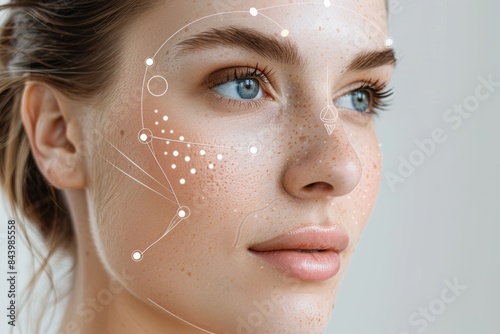 Close-Up of Woman's Freckled Face with Digital Dots for RF Lifting Skincare Treatment Comparison photo