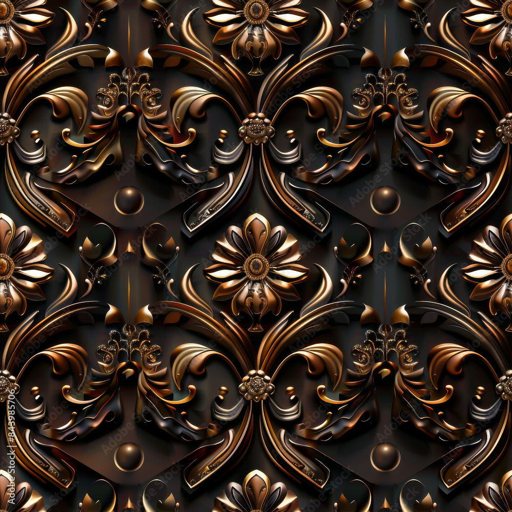 Seamless A gold and black floral design with a gold flower in the center