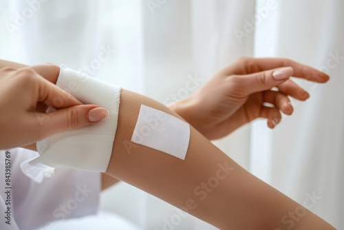 Close up of a woman's hand applying a sticker on her arm, closeup of an antiseptic patch being applied to the skin in a room with white curtains, medical stock photo,
