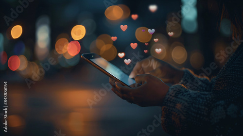 Close-up of a woman's hands holding a phone with heart emojis, illuminated by screen light against a bokeh background
