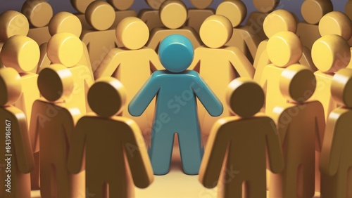 3D figures, with a group of yellow human-like shapes standing together in a circle, surrounding a single, prominent blue figure in the center giving it a sense of individuality and uniqueness
