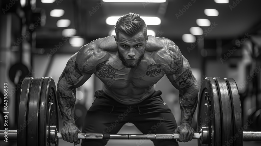 A man with tattoos on his chest and arms is lifting a barbell. Concept of strength and determination, as the man is focused on his workout. The black and white color scheme adds a timeless A man with tattoos on his chest and arms is lifting a barbell. Concept of strength and determination, as the man is focused on his workout. The black and white color scheme adds a timeless