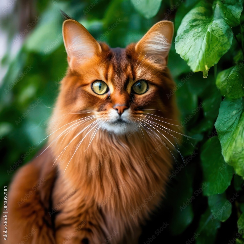 A Somali cat in lush greenery, a realistic portrait created by artificial intelligence.