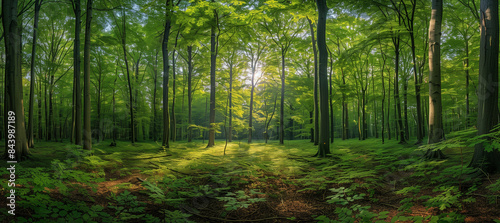 Sunlight streaming through trees, Panoramic Sunny Forest © Super Stocks