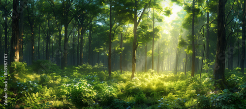 Sunlight streaming through trees, Panoramic Sunny Forest