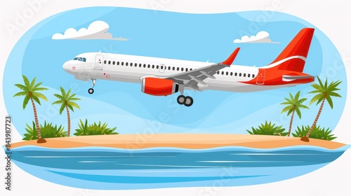 A cartoon red and white airplane flying over a tropical island with palm trees and blue water.