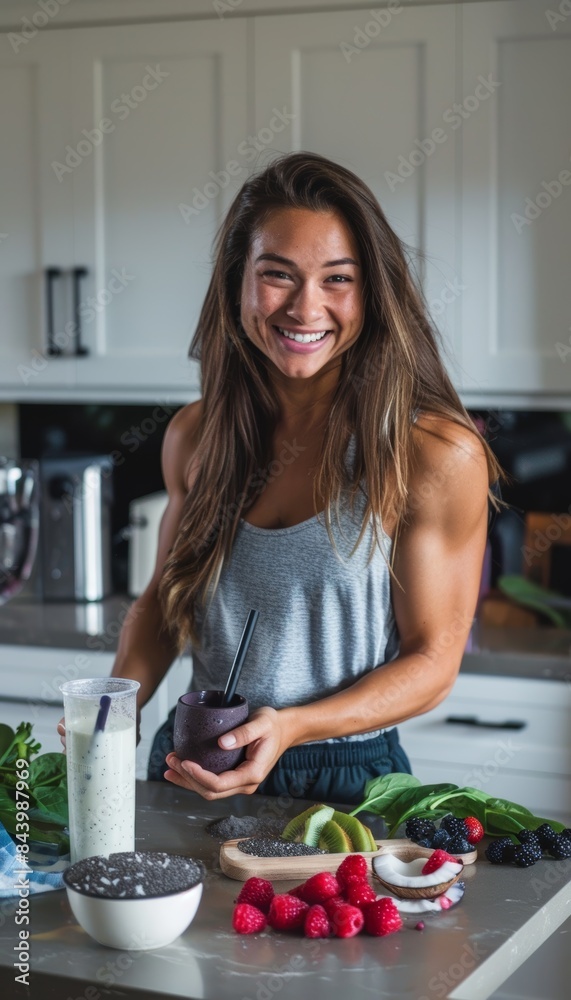 Fitness Enthusiast Preparing Keto Smoothie with Fresh Ingredients in Modern Kitchen Fitness Enthusiast Preparing Keto Smoothie with Fresh Ingredients in Modern Kitchen