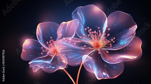 Digital futuristic flower wallpaper, neon light glow blossom wireframe