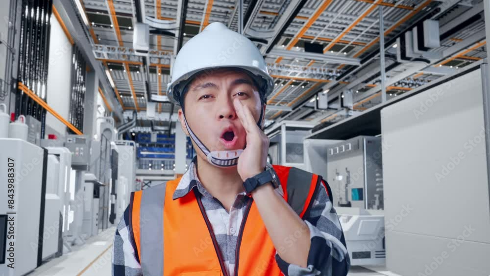 Close Up Of Asian Male Engineer With Safety Helmet Yelling With Hand Over Mouth While Standing At Factory Digitalization Close Up Of Asian Male Engineer With Safety Helmet Yelling With Hand Over Mouth While Standing At Factory Digitalization