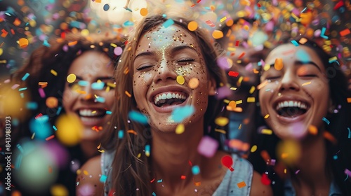 Three women laugh joyfully with colorful confetti around them in a celebration photo