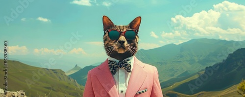 A cat wearing sunglasses and a pink suit with bow against mountain and sky background photo